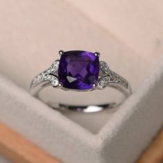 Purple Diamond Cushion Cut Rings, Purple Cushion Cut Diamond Rings, Fine Jewelry Cushion Cut Amethyst Ring, Cushion Cut Amethyst Ring For Formal Occasions, Elegant Cushion Cut Amethyst Ring, Fine Jewelry Purple Cushion Cut Amethyst Ring, Cushion Cut Purple Jewelry For Wedding, Elegant Purple Cushion Cut Amethyst Ring, Purple Cushion Cut Jewelry For Wedding