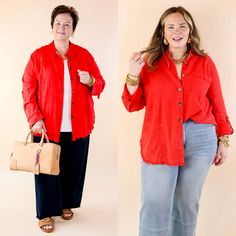 Classic Comfort Long Sleeve Linen Button Up in Cherry Red - Giddy Up Glamour Boutique Giddy Up Glamour, Comfortable Tops, Classic Silhouette, Cherry Red, Timeless Style, Front Pocket, Timeless Fashion, Color Pop, Button Up