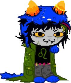 an image of a cartoon character with blue hair and yellow eyes, wearing a green coat