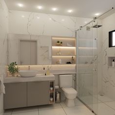 a bathroom with a sink, toilet and shower stall in the middle of it is illuminated by recessed lights