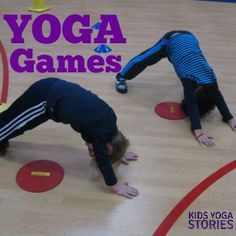 two children doing yoga moves on the floor with words overlay that reads, yoga games kids yoga stories