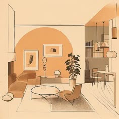 a drawing of a living room with orange walls and furniture in the corner, along with a potted plant