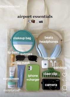 the contents of a travel bag laid out on top of a white sheet with text