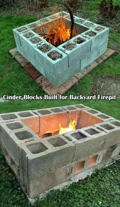 cinder blocks built for backyard firepit with flames in the center and an open fire pit on