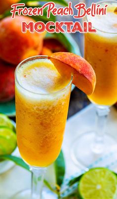 fresh peach bellini mocko cocktail in glasses with garnish