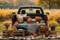 the back of a pickup truck filled with pumpkins and other fall decorating items