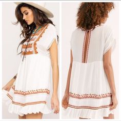 Nwt Free People Sunrise Wanderer Mini Dress Beautifully Detailed Embroidery In Rich Colors Stands Out At The Yoke And Hem Of A Breezy Boho-Chic Mini Dress Designed With A Slim Keyhole At The Back. Xs=0-2, S=4-6, M=8-10, L=12-14 -Jewel Neck - Cap Sleeves - Back Keyhole Cutout With Button-Loop Closure - Side Pockets - Embroidered Bib And Hem Detail - Lined Skirt - Approx. 33" Length (Size S) - Imported New With Tags Size M B35 White Embroidered Summer Dress With Lace Trim, White Embroidered Mini Dress For Spring, White Embroidered Summer Dress For Beach, White Summer Embroidered Dress For Beach, White Dress With Embroidered Hem, Spring White Mini Dress With Embroidered Hem, White Embroidered Hem Mini Dress For Spring, White Embroidered Casual Mini Dress, White Mini Dress With Embroidered Hem For Spring