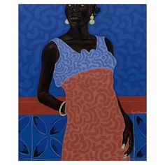 a painting of a woman in an orange and blue dress with her hand on her hip