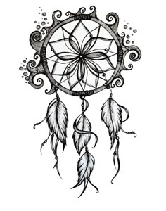 a black and white drawing of a dream catcher with feathers on it's side