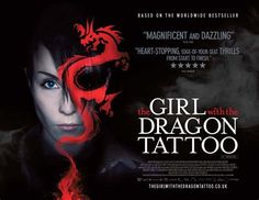 the girl with the dragon tattoo poster is shown in red and black, on a dark background