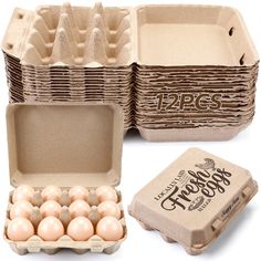 an egg carton filled with brown eggs next to two trays of white eggs