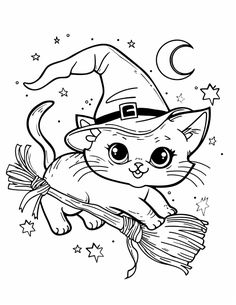 a black and white drawing of a cat on a broom