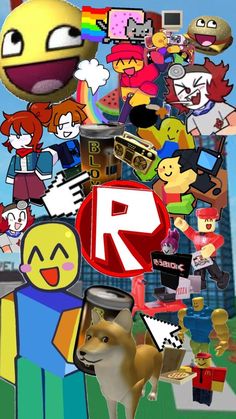 an animated image of people and animals in front of a cityscape with the letter r on it