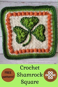 a crocheted pot holder with shamrocks on it and the words crochet shamrock