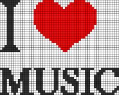 a cross stitch pattern with the words i love music and a red heart on it