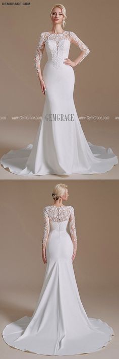 the back and side view of a wedding dress with long sleeves, lace detailing on the neck