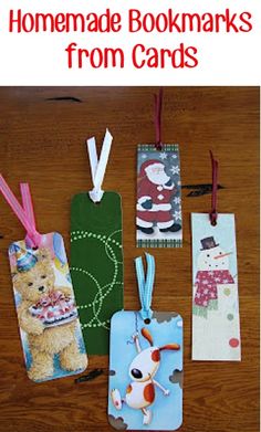 homemade bookmarks from cards on a wooden table with text overlay that reads homemade bookmarks from cards