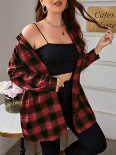 Multicolore Casual Collar Manches longues Étoffe Carreau Chemise Embellished Extensibilité légère Plaid Print, Casual Blouse, Drop Shoulder, Button Up, Blouses, Plaid, Plus Size, Collar, Long Sleeve