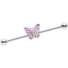 a pink crystal butterfly belly bar with two balls on the top and one ball at the bottom