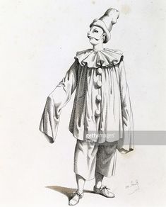 an old drawing of a clown wearing a hat and dress with his hands in his pockets