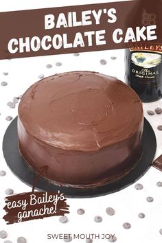 a chocolate cake sitting on top of a table next to a can of bailey's