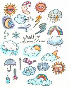 an image of weather doodles with clouds and rainbows