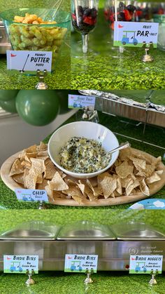 several pictures of different foods on display at a buffet table with name tags in front of them