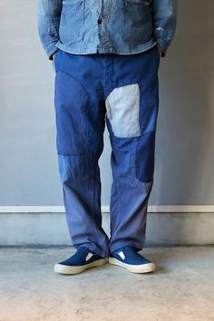 "MITSUGU SASAKI(Vintage remake) \"German vintage patchwork blue work pants\" Patched by Mitsugu Sasaki From:Germany , 1950's Material:Cotton Patched material:Vintage cotton Color:Blue Size: Waist:39.3 inch (100 cm ) Hip: 49.6 inch (126 cm) Waist to hem: 39.7inch (101 cm) Hip to hem: 28.7 inch (73 cm) Model: 6'0\"(182cm) Thank you!" Retro Blue Jeans With Patch Pockets, Blue Patchwork Cotton Pants, Blue Patched Cotton Jeans, Blue Cotton Patchwork Jeans, Blue Patchwork Cotton Jeans, Vintage Blue Jeans With Patch Pockets, Blue Cotton Jeans With Patches, Vintage Cotton Patchwork Pants, Vintage Patchwork Cotton Pants