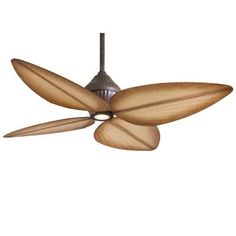 a ceiling fan with wooden blades on it