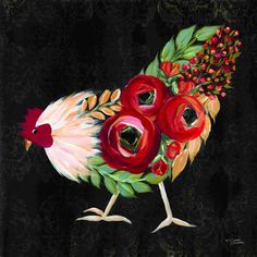 a painting of a rooster with red flowers on it's head and legs, standing in front of a black background