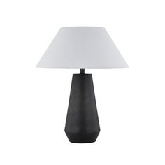 a black table lamp with a white shade