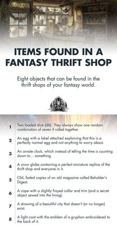 an advertisement with the words, items found in a fantasy shop and pictures on it