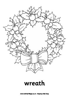 a wreath with holly leaves and berries on it, the word wreath is in black and white