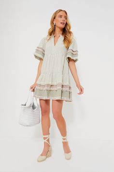 Cotswold Stripe Crawford Dress | Tuckernuck Tuckernuck Dress, Dress Sage Green, Woven Leather Bag, Dress Sage, Fringe Trim, Night Looks, Green Stripes, Flared Sleeves, Empire Waist