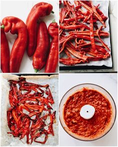 four pictures showing different types of food including peppers, sauces and other foodstuffs