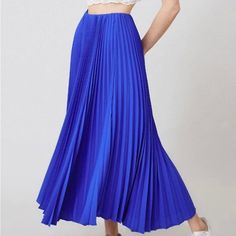 Elastic Waist Pleated Maxi Skirt Elegant Blue Pleated Skirt For Spring, High Waist Blue Pleated Skirt, Blue Maxi Skirt For Spring Party, Spring Blue Flowy Maxi Skirt, Blue Long Pleated Summer Skirt, Spring Blue Pleated Skirt Bottoms, Blue Lined Maxi Skirt For Day Out, Casual Blue Pleated Skirt, Blue Maxi Skirt For Spring Day Out