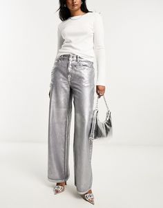 Jeans by ASOS DESIGN Denim of the decades Slim through the hips​ Wide-leg silhouette​ Coated finish High rise Zip fly Five pockets Chic Dressing, Oversized Wool Coat, Silver Pants, Metallic Jeans, Jean Crafts, Long Wool Coat, Dad Jeans, Jean Trends, Silver Jeans