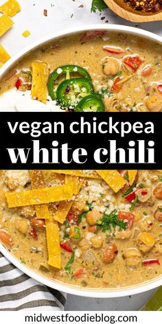 vegan chickpea white chili in a bowl with tortilla chips on the side