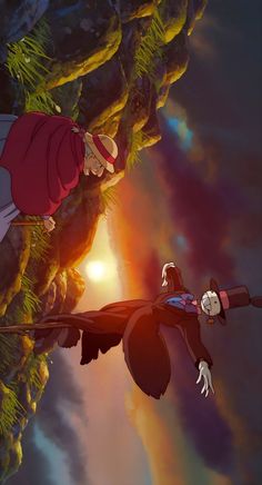 an animated character flying through the air next to another character in front of a tree