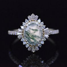 2 Carat Genuine Moss Agate Oval Cut Halo Gold Engagement Ring - Giliarto Luxury Green Oval Moonstone Ring, Halo Gold Engagement Ring, Gold Engagement Ring Unique, Ring Model, Engagement Ring Unique, Moss Agate Ring, Agate Ring, Gold Engagement Ring, Ring Unique