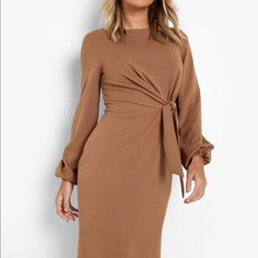 Three Dresses From Boo Hoo Still In Plastic Brand New. All Of Them Are Midi Dresses Perfect For Business Related Dates, Church, Etc. Elegant Brown Mini Dress For Brunch, Elegant Brown Mini Dress For Office, Brown Mini Length Office Dress, Chic Brown Office Dresses, Wanting More, Boohoo Dresses, Dress Beige, Bodycon Fashion, Mid Length Dresses