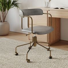 an office chair sitting on top of a rug in front of a desk with a potted plant