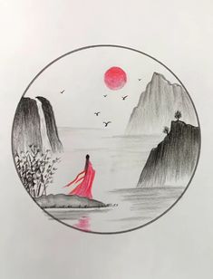 a drawing of a woman standing in front of mountains