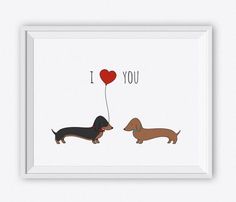 two dachshunds holding a red balloon with the words i love you