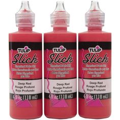 three bottles of red acrylic paint on a white background with the words tulip slick