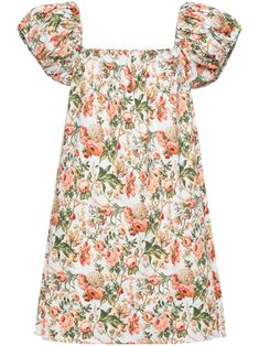 blue/multicolour cotton poplin texture all-over floral print gathered detailing square neck short puff sleeves straight hem thigh-length unlined Cotton Mini Dress, Versace Outfit, Cotton Midi Dress, Red Midi Dress, Blue Midi Dress, Green Orange, Floral Print Dress, Cotton Poplin, Silk Printing