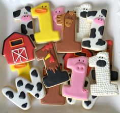 decorated cookies in the shape of farm animals