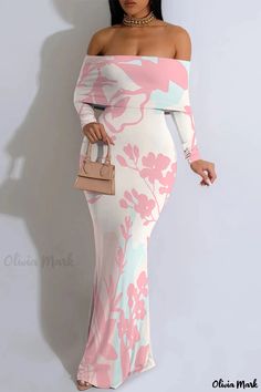 Olivia Mark - Mermaid Cut Out Maxi Dress with Floral Print and Long Sleeves Flowy Floral Maxi Dress, Off Shoulder Design, Shirred Waist Dress, Japanese Cotton, Hip Dress, Style Maxi Dress, Shoulder Design, Floral Maxi, Floral Maxi Dress