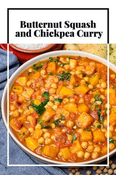 butternut squash and chickpea curry in a white bowl