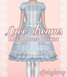 a girl in a blue dress with white lace on it and the words lage dreams written